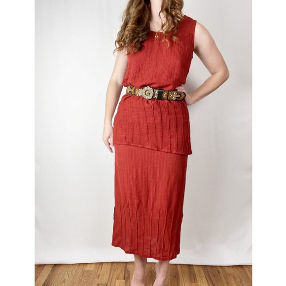 Vintage Linen Matching Skirt Set Midi Maxi Tank Top Tunic Blouse Pleats Bohemian - Picture 2 of 6